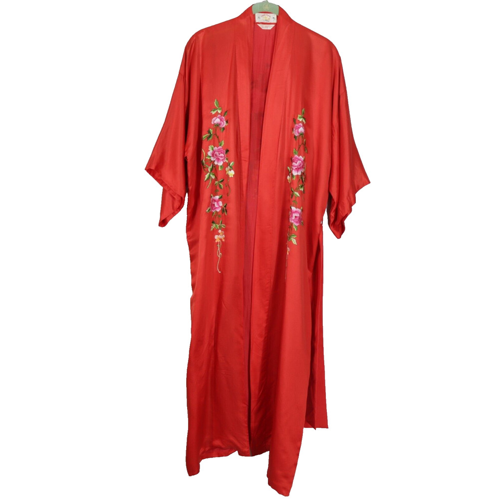 Vintage Flying Horse Kimono Robe Red Silk Embroider Vine Flower Floral Tie Belt